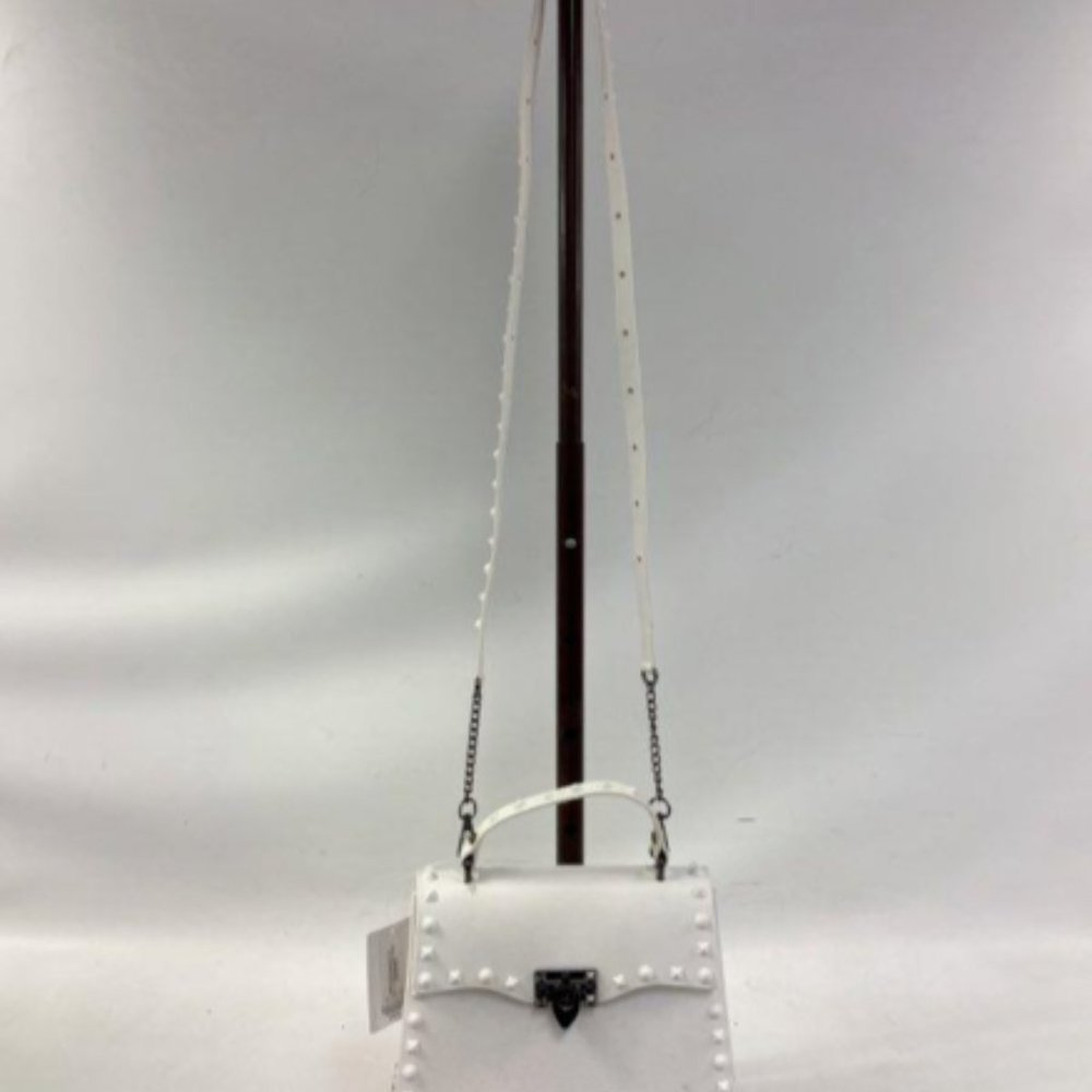 J Womens White Leather Studded Adjustable Strap Crossbody Shoulder Handbag Purse